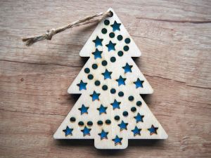 Vánoční ozdoba, stromek s barevnými detaily - modrý