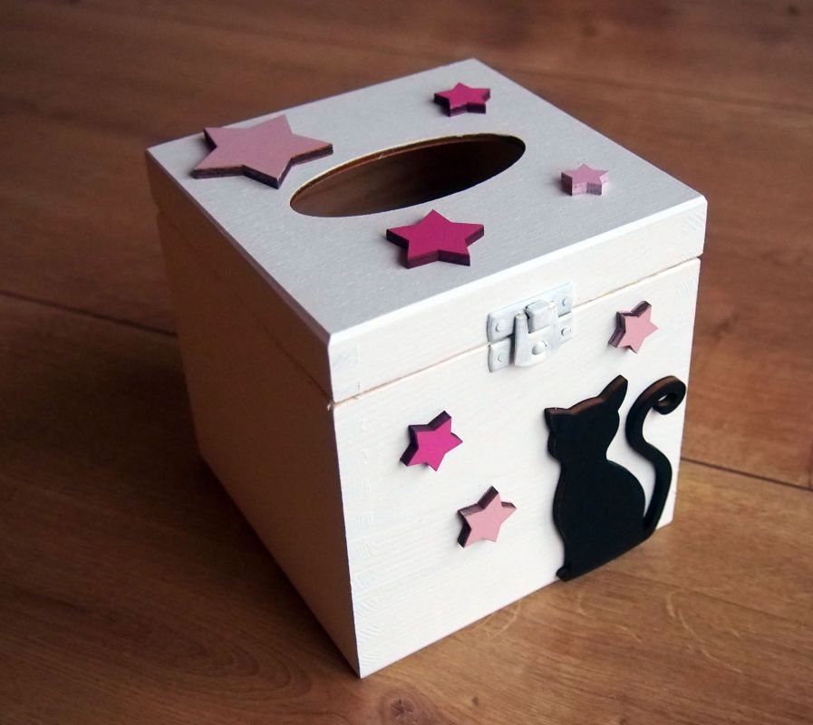 Dřevěná krabička na papírové kapesníky krychle barevná s kočkou